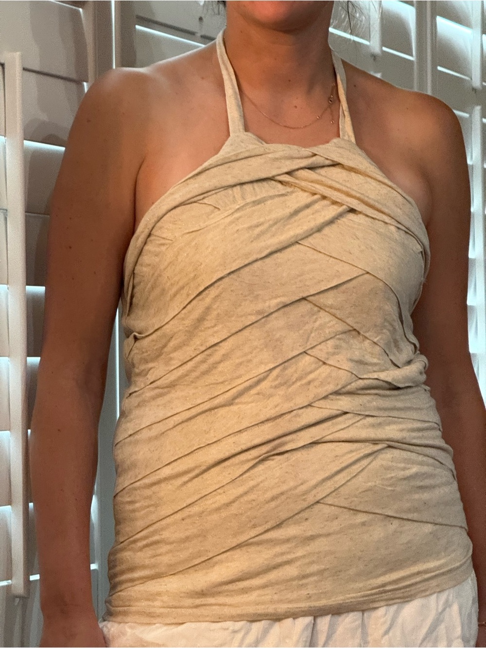 The limited Pleated Y2K 90's Bondage drape Halter neutral rayon linen size S M